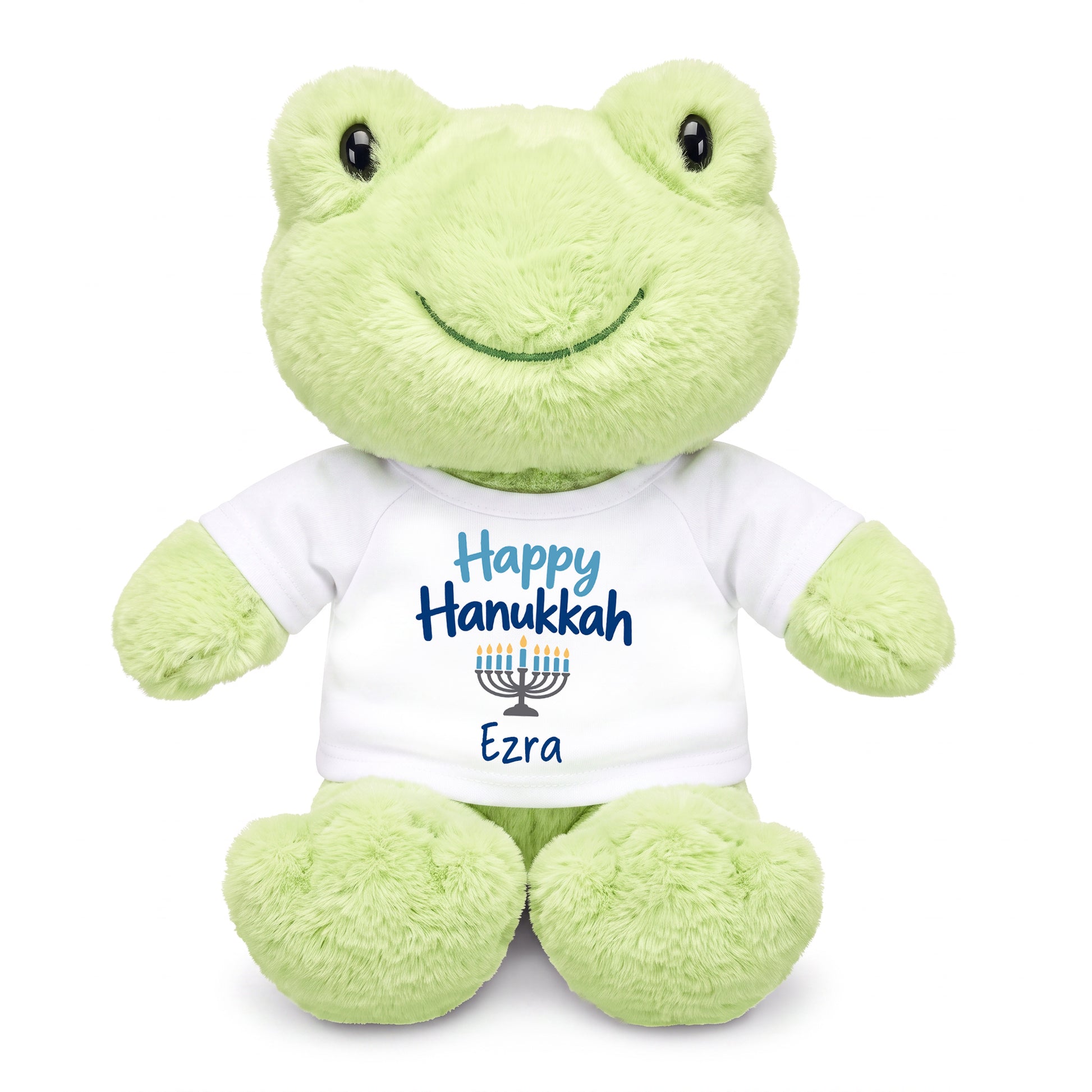 Personalized Hanukkah Stuffed Frog - 12 Inch Plush Tumbletoes Frog - Happy Hanukkah Design - white shirt with blue design