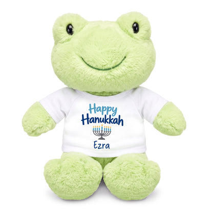 Personalized Hanukkah Stuffed Frog - 12 Inch Plush Tumbletoes Frog - Happy Hanukkah Design - white shirt with blue design