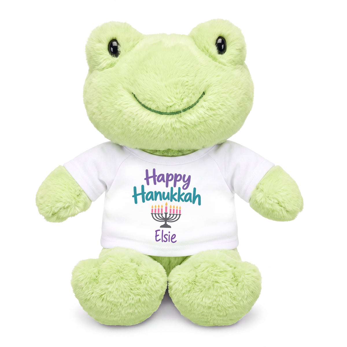 Personalized Hanukkah Stuffed Frog - 12 Inch Plush Tumbletoes Frog - Happy Hanukkah Design - white shirt with pastel design