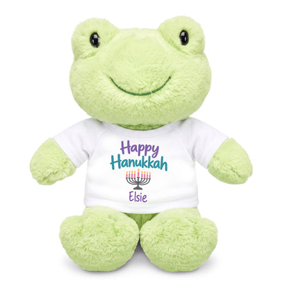 Personalized Hanukkah Stuffed Frog - 12 Inch Plush Tumbletoes Frog - Happy Hanukkah Design - white shirt with pastel design