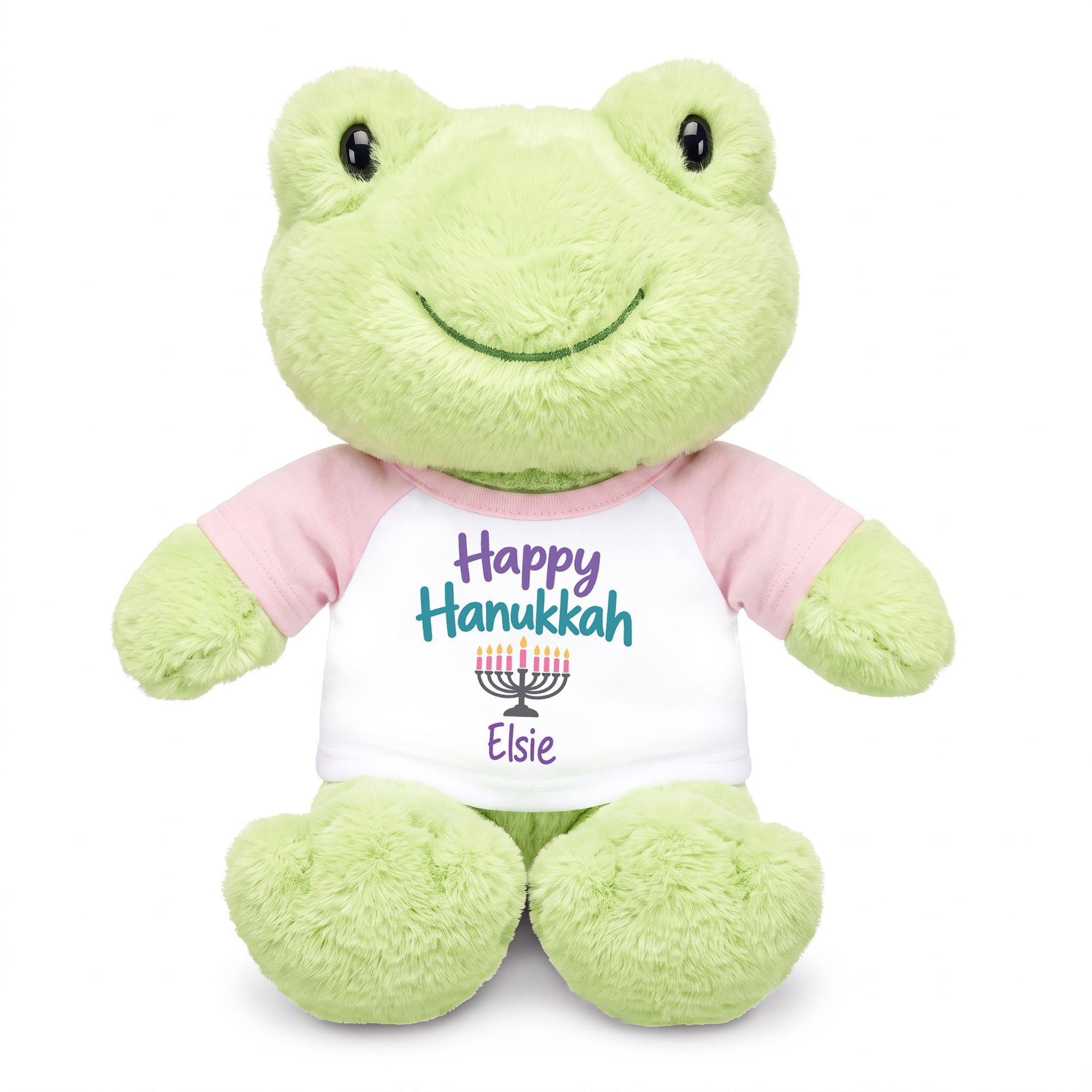 Personalized Hanukkah Stuffed Frog - 12 Inch Plush Tumbletoes Frog - Happy Hanukkah Design - pink shirt with pastel design
