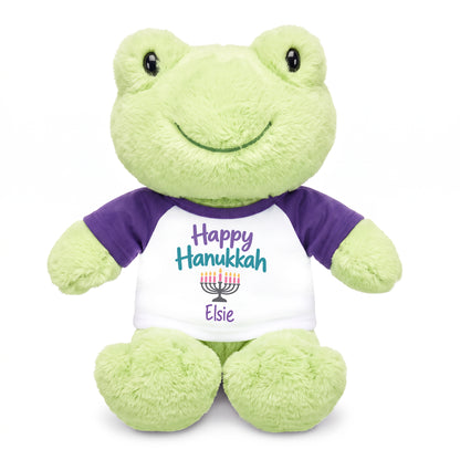 Personalized Hanukkah Stuffed Frog - 12 Inch Plush Tumbletoes Frog - Happy Hanukkah Design - purple shirt with pastel design