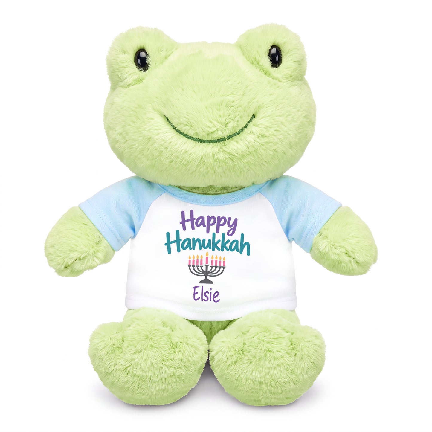 Personalized Hanukkah Stuffed Frog - 12 Inch Plush Tumbletoes Frog - Happy Hanukkah Design - light blue shirt with pastel design
