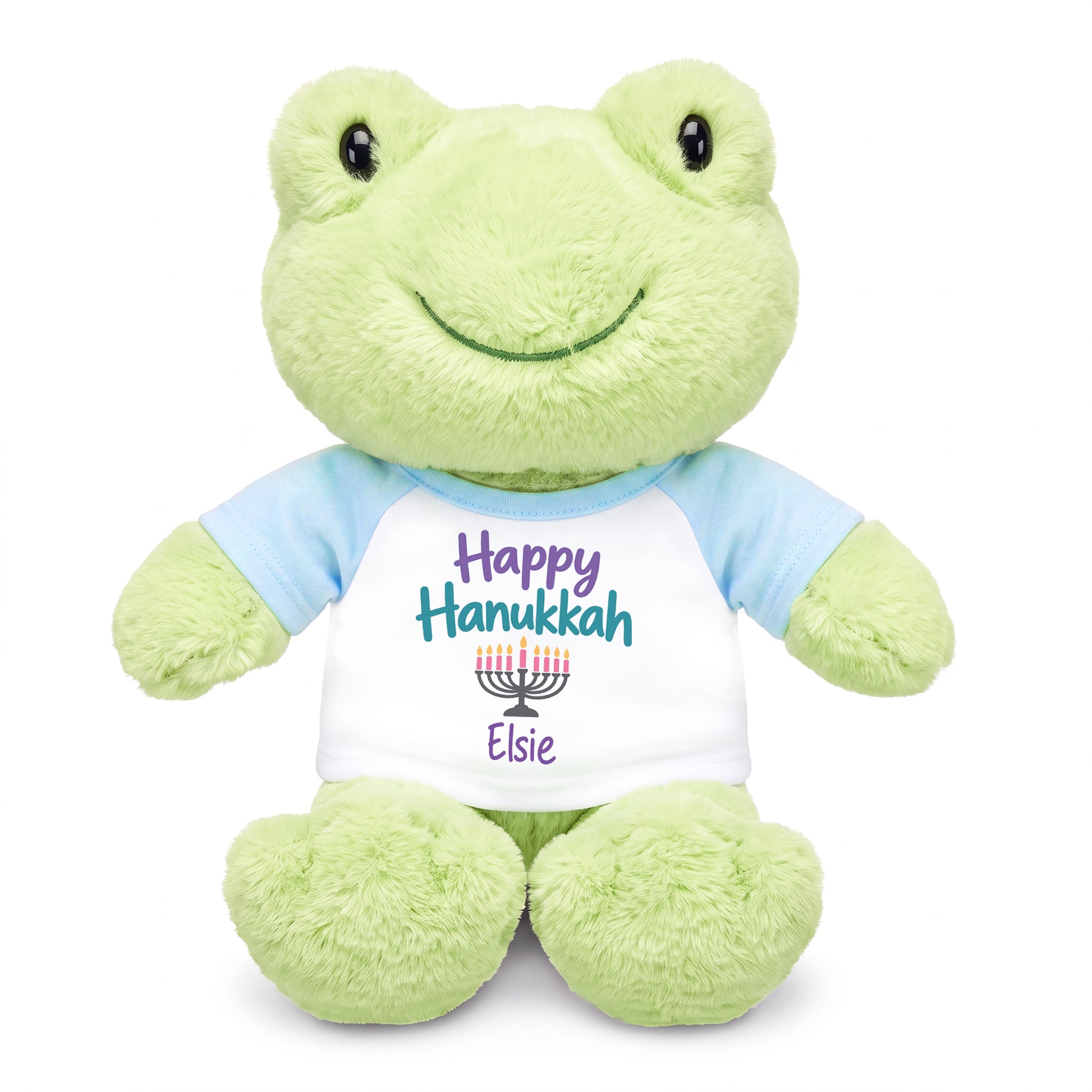 Personalized Hanukkah Stuffed Frog - 12 Inch Plush Tumbletoes Frog - Happy Hanukkah Design - light blue shirt with pastel design