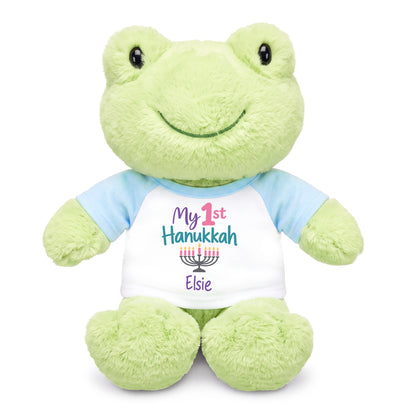 Personalized Hanukkah Stuffed Frog - 12 Inch Plush Tumbletoes Frog - My First Hanukkah Design - light blue shirt with pastel design