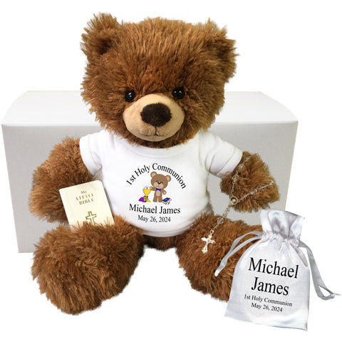 Personalized First Communion Teddy Bear Gift Set - 14" Brown Tummy Bear