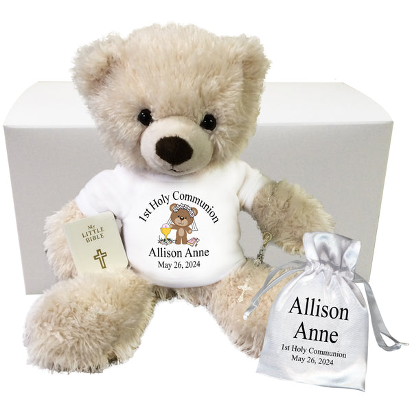 First Communion Teddy Bear Gift Set - Personalized 14" Cream Tummy Bear