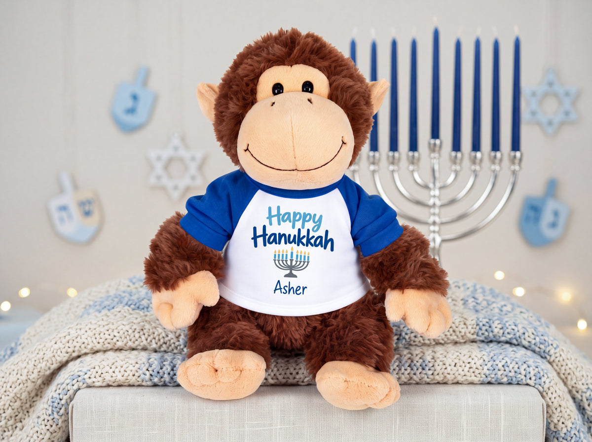 Personalized Hanukkah Stuffed Monkey - 12 Inch Plush Tubbie Wubbies Chimp - custom Hanukkah gift
