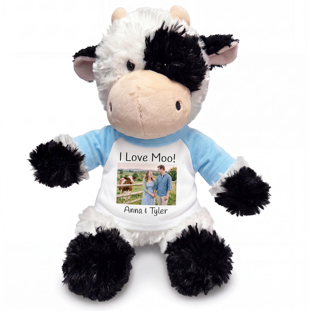 Personalized Stuffed Cow - 12 inch Tubbie Wubbie Cow with Photo and/or Text - White w/Light Blue Sleeves – add $3, Print on Front Only (Included)