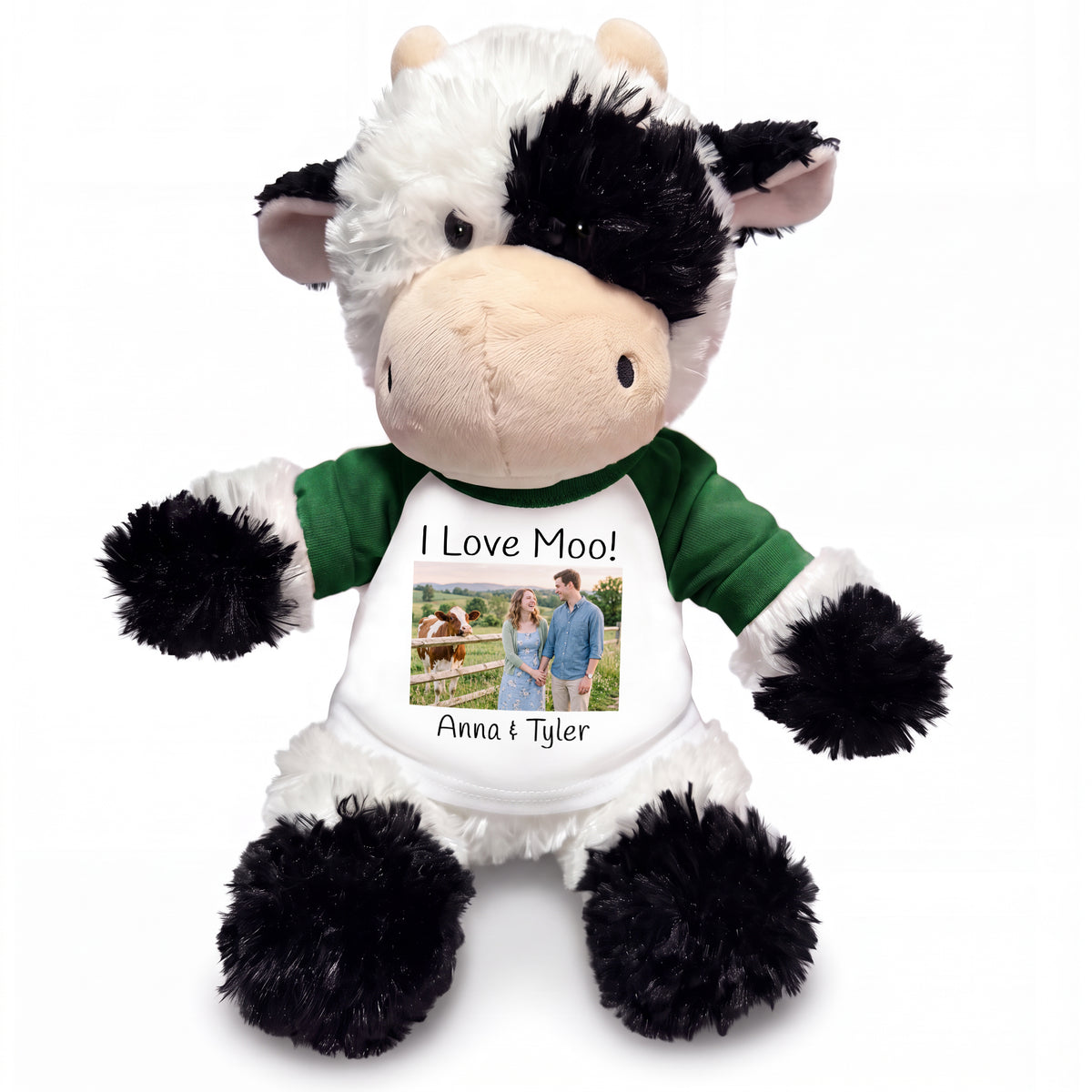 Personalized Stuffed Cow - 12 inch Tubbie Wubbie Cow with Photo and/or Text - White w/Green Sleeves – add $3, Print on Front Only (Included)