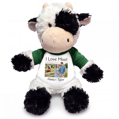 Personalized Stuffed Cow - 12 inch Tubbie Wubbie Cow with Photo and/or Text - White w/Green Sleeves – add $3, Print on Front Only (Included)