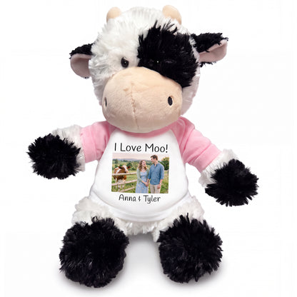 Personalized Stuffed Cow - 12 inch Tubbie Wubbie Cow with Photo and/or Text - White w/Pink Sleeves – add $3, Print on Front Only (Included)