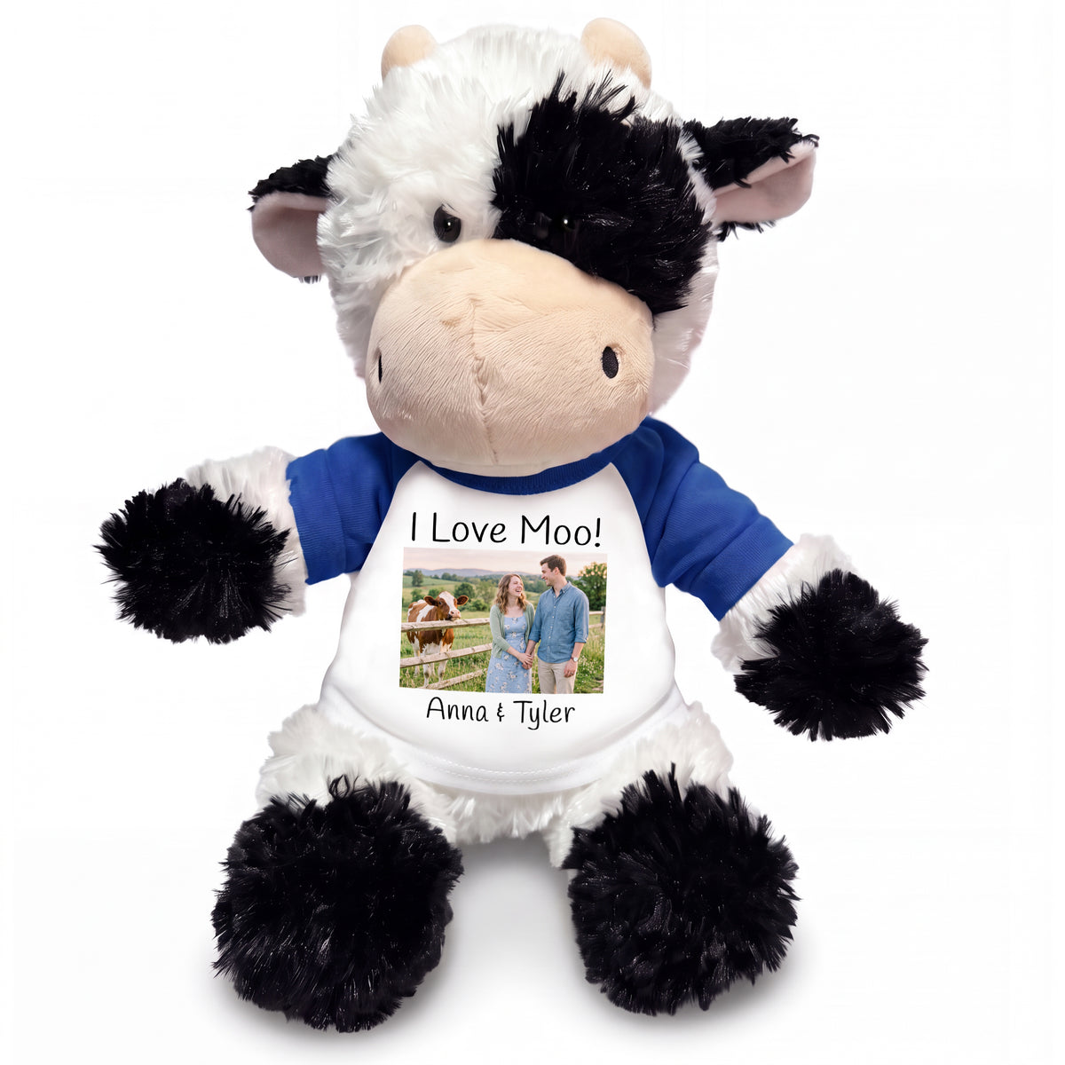 Personalized Stuffed Cow - 12 inch Tubbie Wubbie Cow with Photo and/or Text - White w/Royal Blue Sleeves – add $3, Print on Front Only (Included)