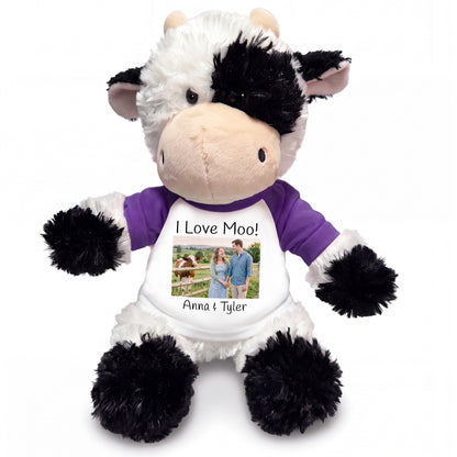 Personalized Stuffed Cow - 12 inch Tubbie Wubbie Cow with Photo and/or Text - White w/Purple Sleeves – add $3, Print on Front Only (Included)