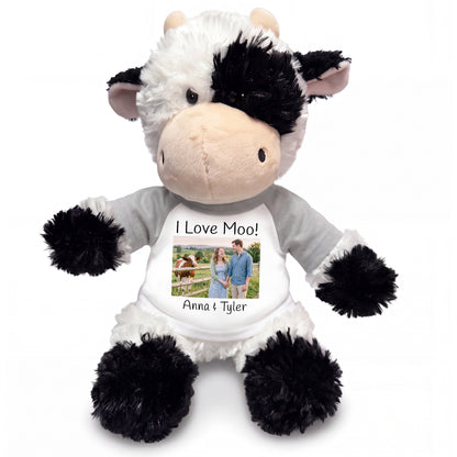 Personalized Stuffed Cow - 12 inch Tubbie Wubbie Cow with Photo and/or Text - White w/Grey Sleeves - add $3, Print on Front Only (Included)