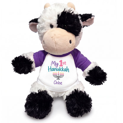 Personalized Hanukkah Stuffed Cow - 12 Inch Plush Tubbie Wubbies Cow - My 1st Hanukkah, Purple Shirt / Pastel Design