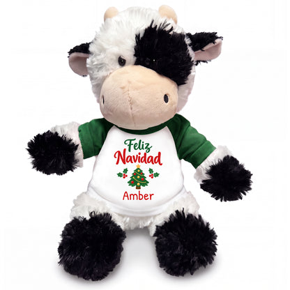 Personalized Christmas Stuffed Cow - 12 Inch Plush Tubbie Wubbies Cow - Green, Feliz Navidad Tree