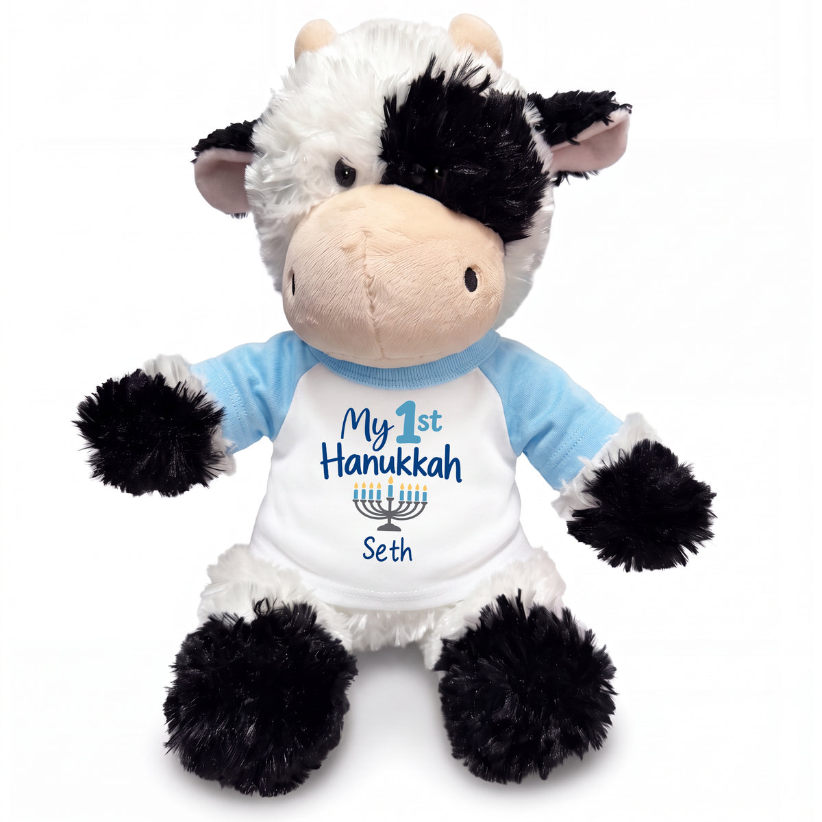 Personalized Hanukkah Stuffed Cow - 12 Inch Plush Tubbie Wubbies Cow - My 1st Hanukkah, Light Blue Shirt / Blue Design