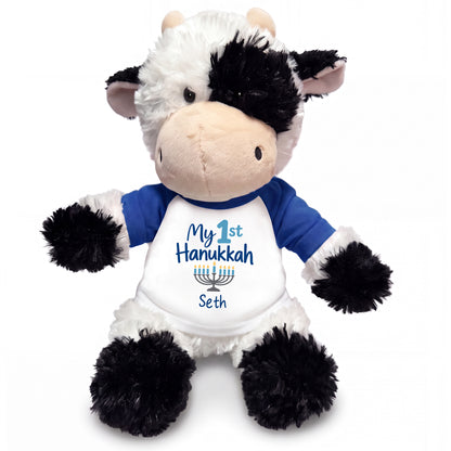 Personalized Hanukkah Stuffed Cow - 12 Inch Plush Tubbie Wubbies Cow - My 1st Hanukkah, Royal Blue Shirt / Blue Design
