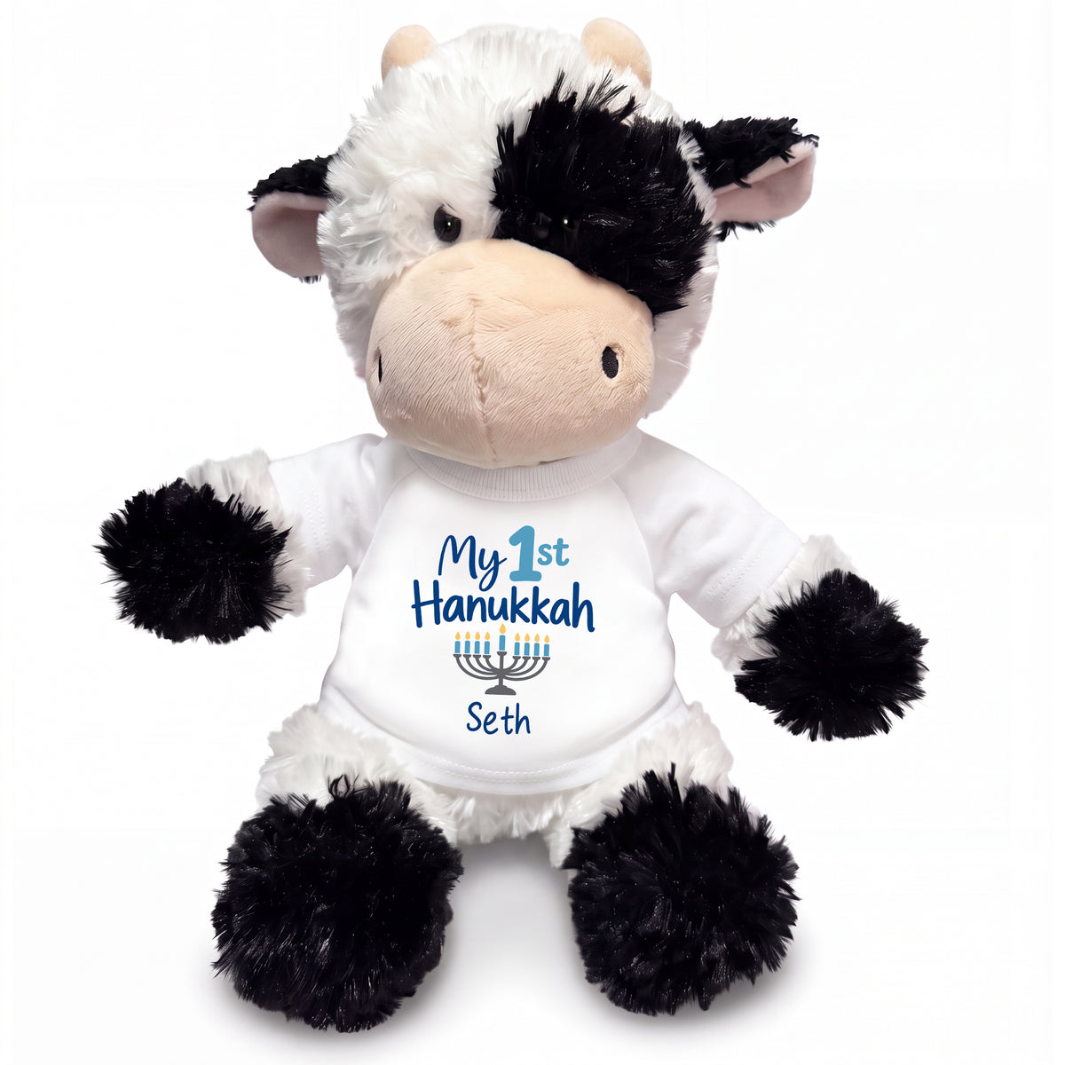 Personalized Hanukkah Stuffed Cow - 12 Inch Plush Tubbie Wubbies Cow - My 1st Hanukkah, White Shirt / Blue Design