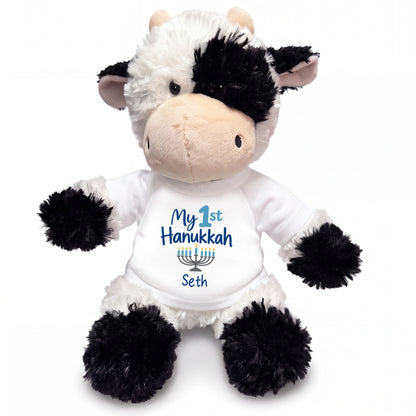 Personalized Hanukkah Stuffed Cow - 12 Inch Plush Tubbie Wubbies Cow - My 1st Hanukkah, White Shirt / Blue Design