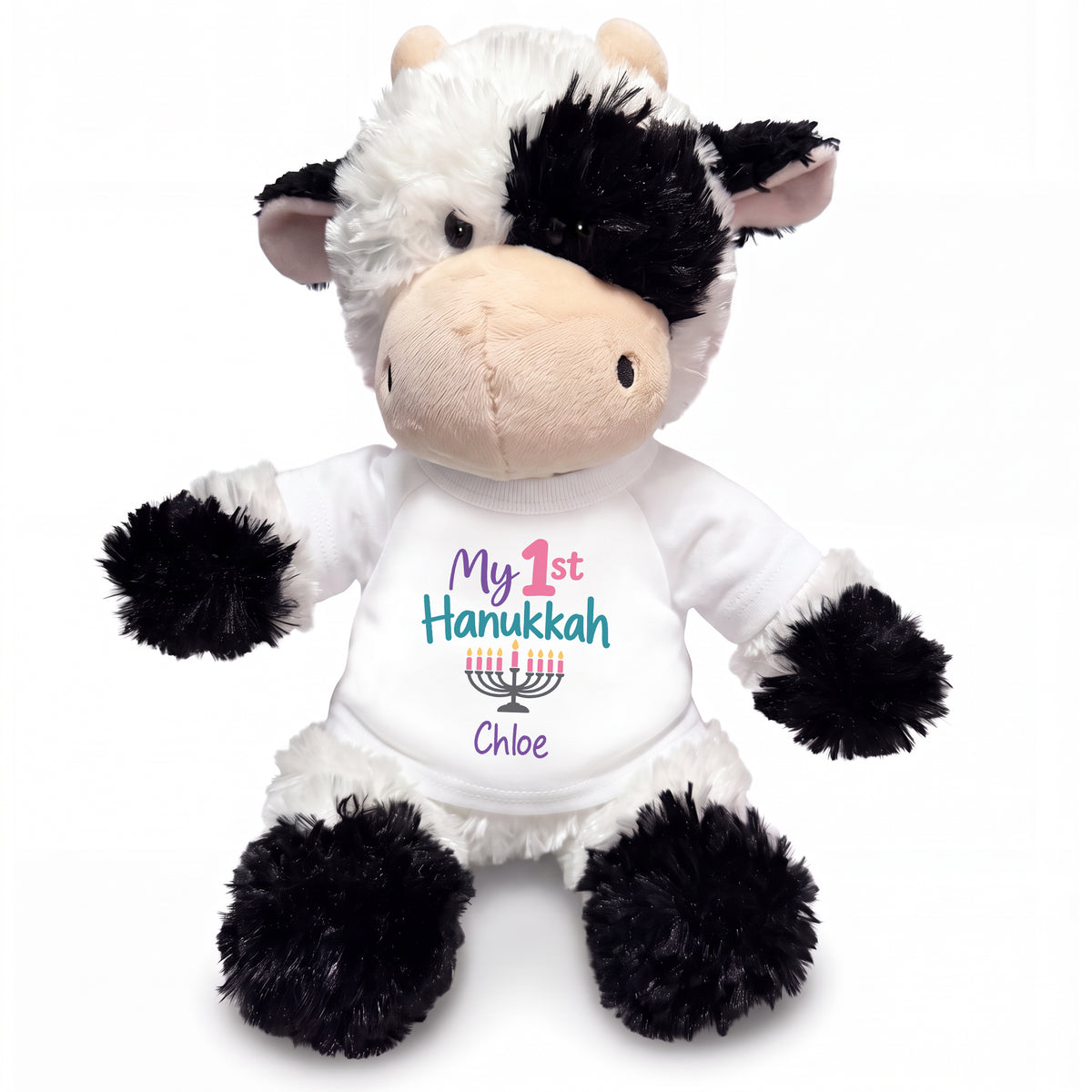 Personalized Hanukkah Stuffed Cow - 12 Inch Plush Tubbie Wubbies Cow - My 1st Hanukkah, White Shirt / Pastel Design