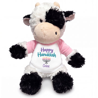 Personalized Hanukkah Stuffed Cow - 12 Inch Plush Tubbie Wubbies Cow - Happy Hanukkah, Pink Shirt / Pastel Design