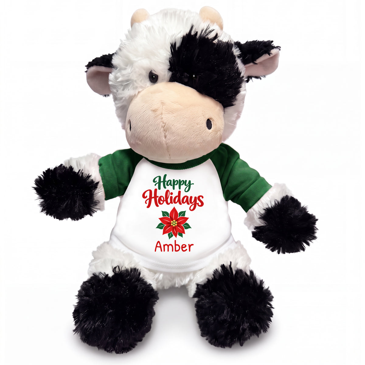 Personalized Christmas Stuffed Cow - 12 Inch Plush Tubbie Wubbies Cow - Green, Happy Holidays Poinsettia