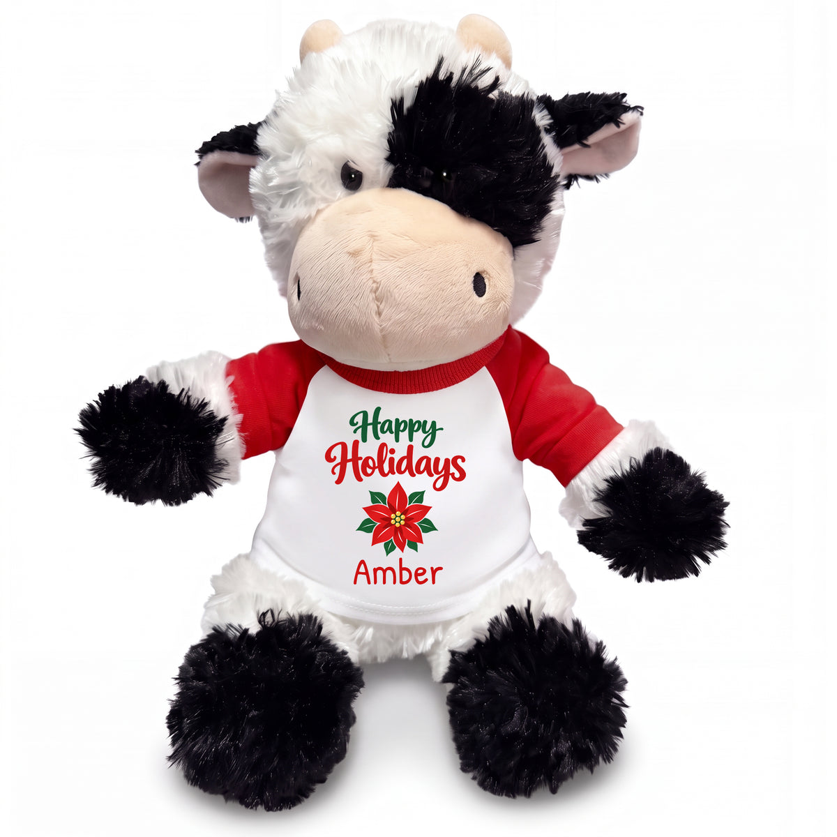 Personalized Christmas Stuffed Cow - 12 Inch Plush Tubbie Wubbies Cow - Red, Happy Holidays Poinsettia