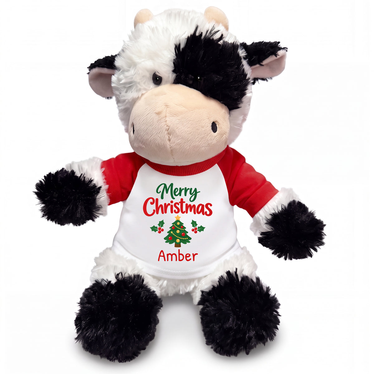 Personalized Christmas Stuffed Cow - 12 Inch Plush Tubbie Wubbies Cow - Red, Merry Christmas Tree