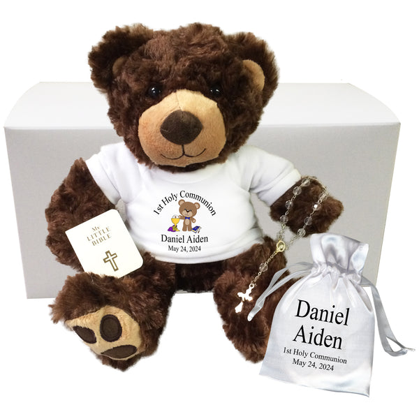 First Communion Teddy Bear Gift Set - Personalized 13" Brown Vera Bear