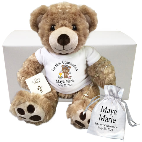 First Communion Teddy Bear Gift Set - Personalized 13" Honey Vera Bear