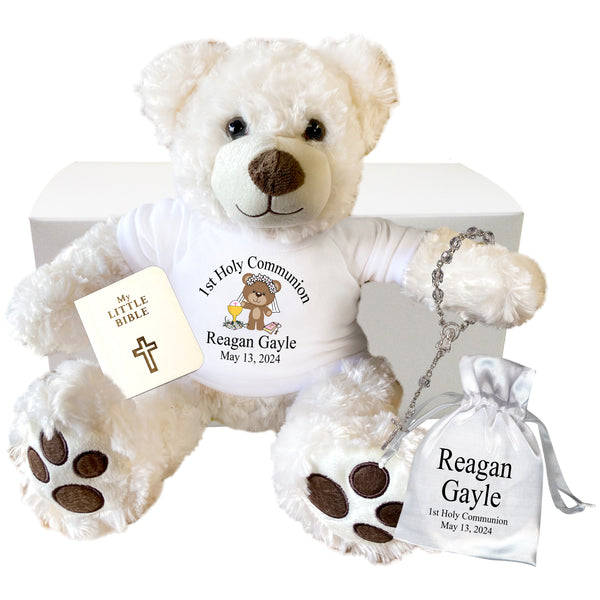 First Communion Teddy Bear Gift Set - Personalized 13" Vera Bear, Pearly White