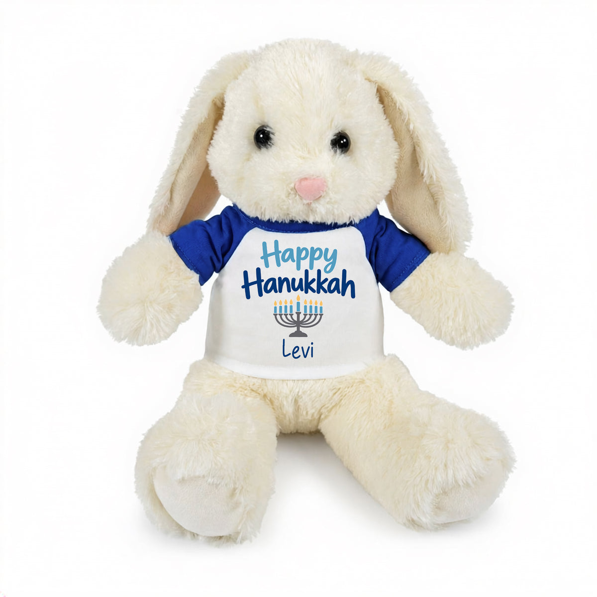 Personalized Hanukkah Bunny - 13 Inch Plush White Rabbit - Happy Hanukkah Design - Royal blue shirt with blue design