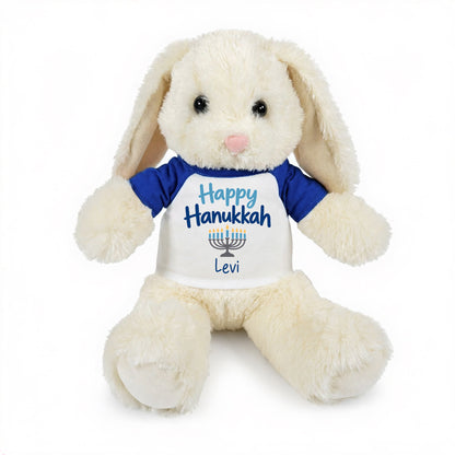 Personalized Hanukkah Bunny - 13 Inch Plush White Rabbit - Happy Hanukkah Design - Royal blue shirt with blue design