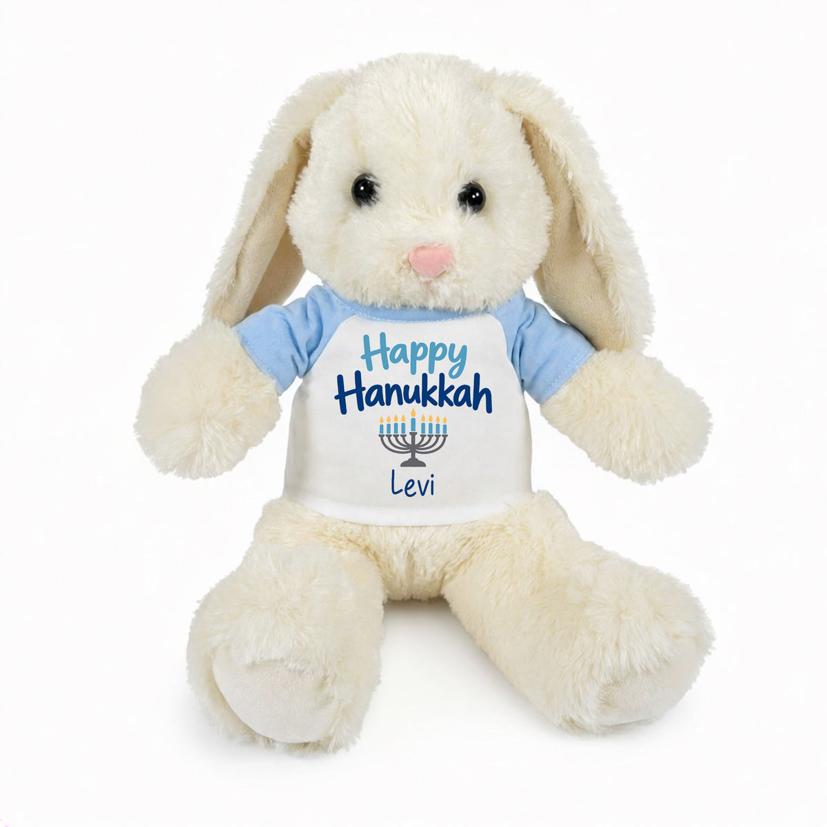 Personalized Hanukkah Bunny - 13 Inch Plush White Rabbit - Happy Hanukkah Design  - light blue shirt with blue design
