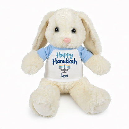 Personalized Hanukkah Bunny - 13 Inch Plush White Rabbit - Happy Hanukkah Design  - light blue shirt with blue design