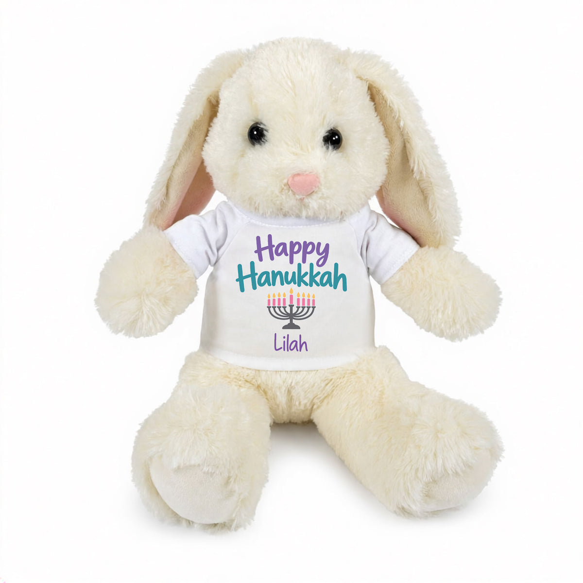 Personalized Hanukkah Bunny - 13 Inch Plush White Rabbit - Happy Hanukkah Design  - white shirt with pastel design