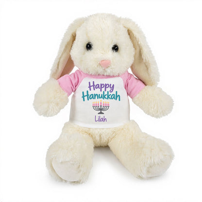 Personalized Hanukkah Bunny - 13 Inch Plush White Rabbit - Happy Hanukkah Design  - pink shirt with pastel design