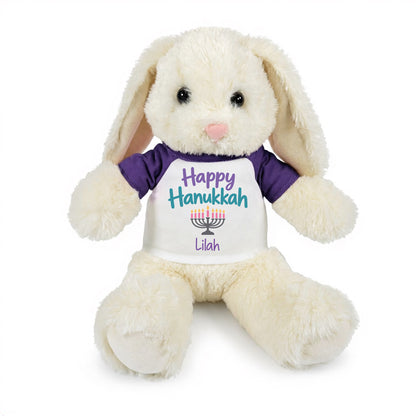 Personalized Hanukkah Bunny - 13 Inch Plush White Rabbit - Happy Hanukkah Design - Purple Shirt with pastel design