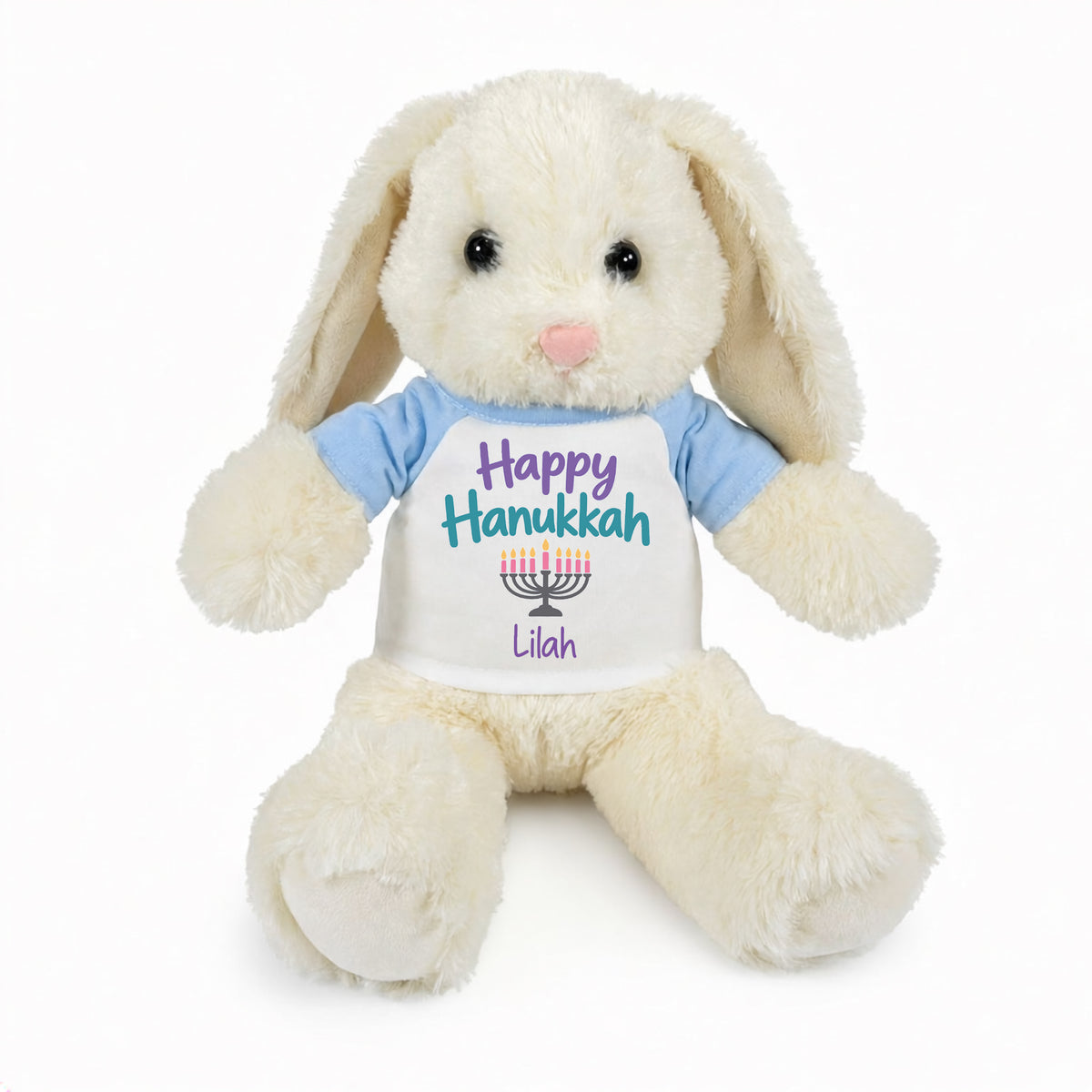 Personalized Hanukkah Bunny - 13 Inch Plush White Rabbit - Happy Hanukkah Design  - light blue shirt with pastel design