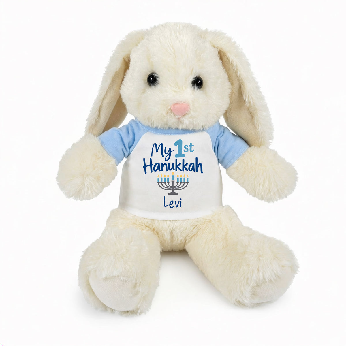 Personalized Hanukkah Bunny - 13 Inch Plush White Rabbit - My First Hanukkah Design  - light blue shirt with blue design