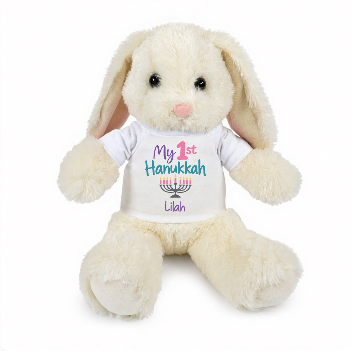 Personalized Hanukkah Bunny - 13 Inch Plush White Rabbit - My First Hanukkah Design  - white shirt with pastel design