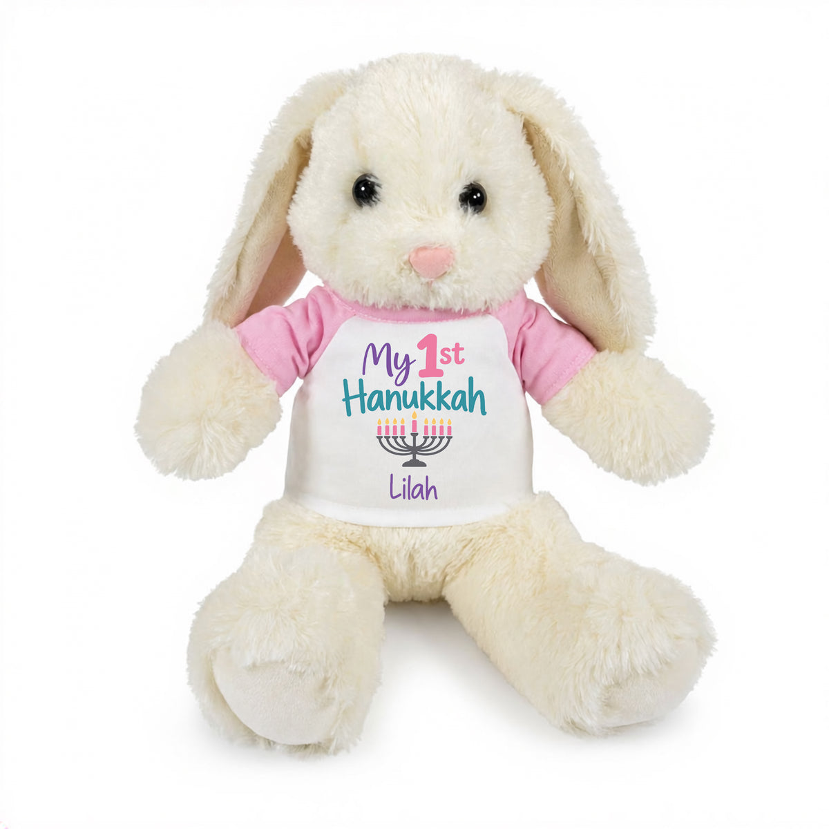 Personalized Hanukkah Bunny - 13 Inch Plush White Rabbit - My First Hanukkah Design  - pink shirt with pastel design