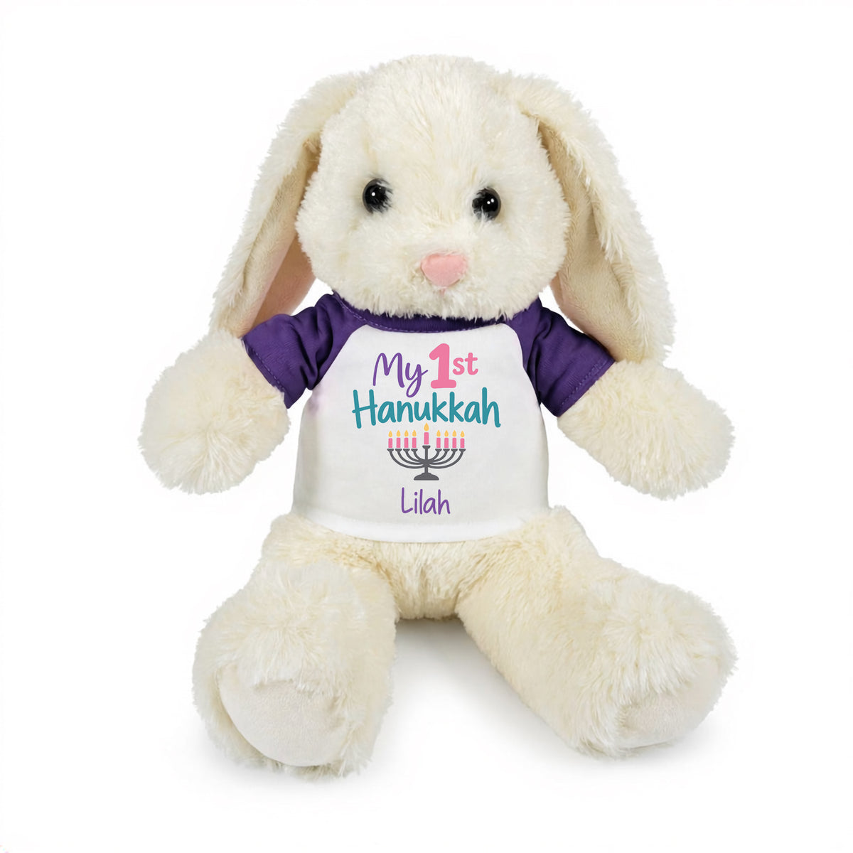 Personalized Hanukkah Bunny - 13 Inch Plush White Rabbit - My First Hanukkah Design - purple shirt with pastel design