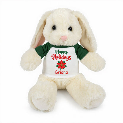 Personalized Christmas Stuffed Bunny - 13 Inch Plush White Rabbit - Green, Happy Holidays Poinsettia