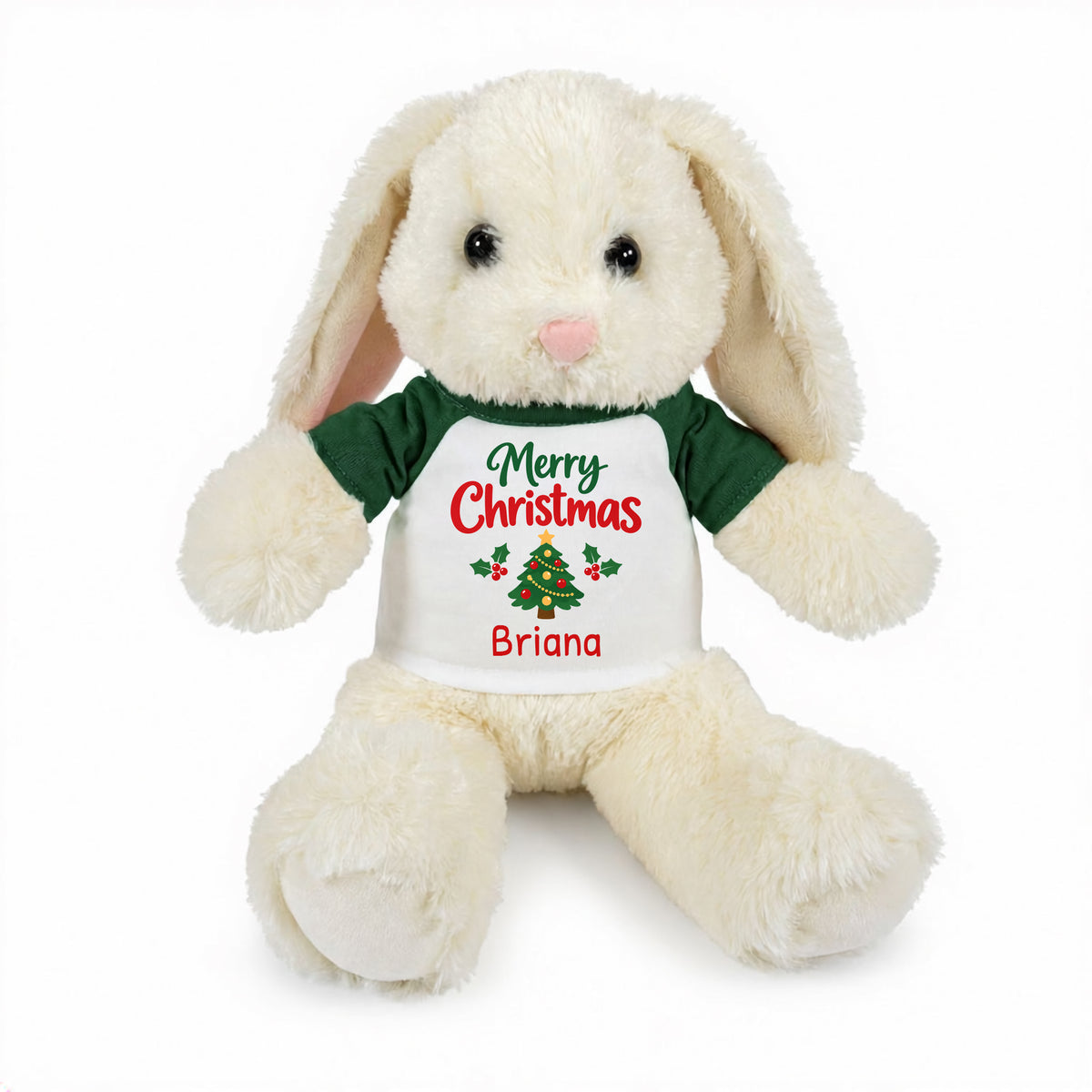 Personalized Christmas Stuffed Bunny - 13 Inch Plush White Rabbit - Green, Merry Christmas Tree