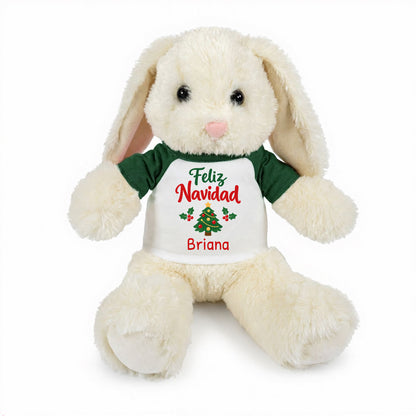 Personalized Christmas Stuffed Bunny - 13 Inch Plush White Rabbit - Green, Feliz Navidad Tree