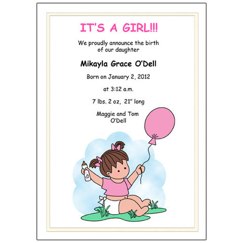 Balloon Baby Girl Birth Announcement