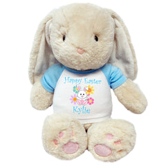 Personalized Easter Bunny - 14" Plush Brulee Bunny - Flower Design - Light Blue